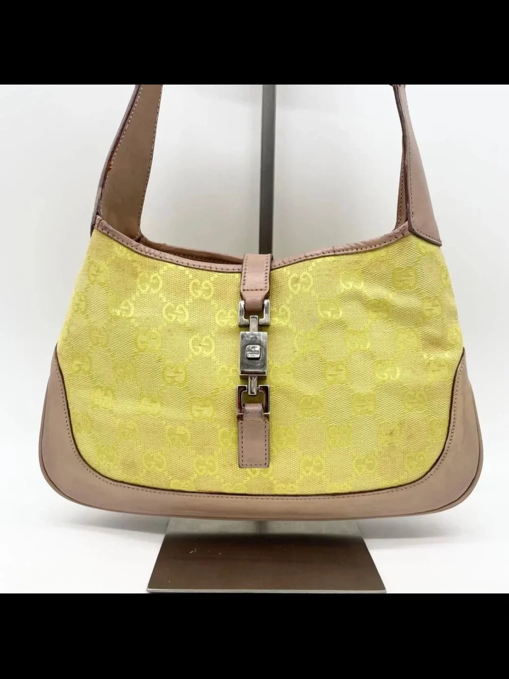 Gucci Yellow GG Canvas Shoulder Bag with Taupe Leather Trim and Silver Hardware